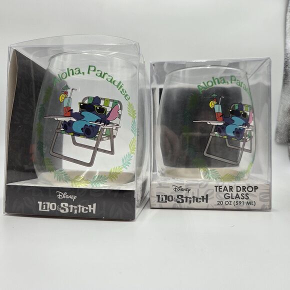 Disney Lilo & Stitch Wine Glass Set Aloha Paradise Stemless Tear Drop Glasses - Picture 1 of 4